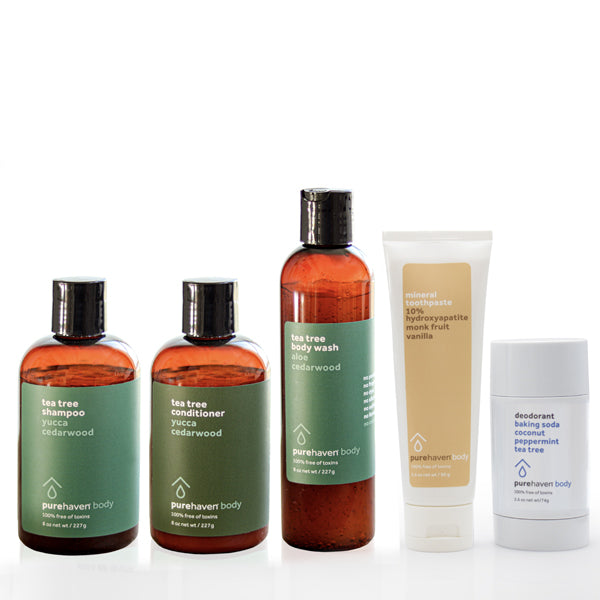 5-piece tea tree daily routine set (baking soda deodorant + mineral toothpaste vanilla