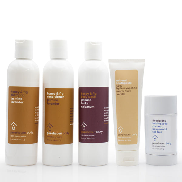 5-piece honey & fig daily routine set (baking soda deodorant + mineral